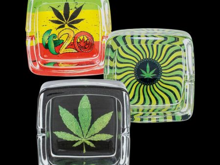 Fujima Hemp Themed Square Glass Ashtray - 6 Pack Supply